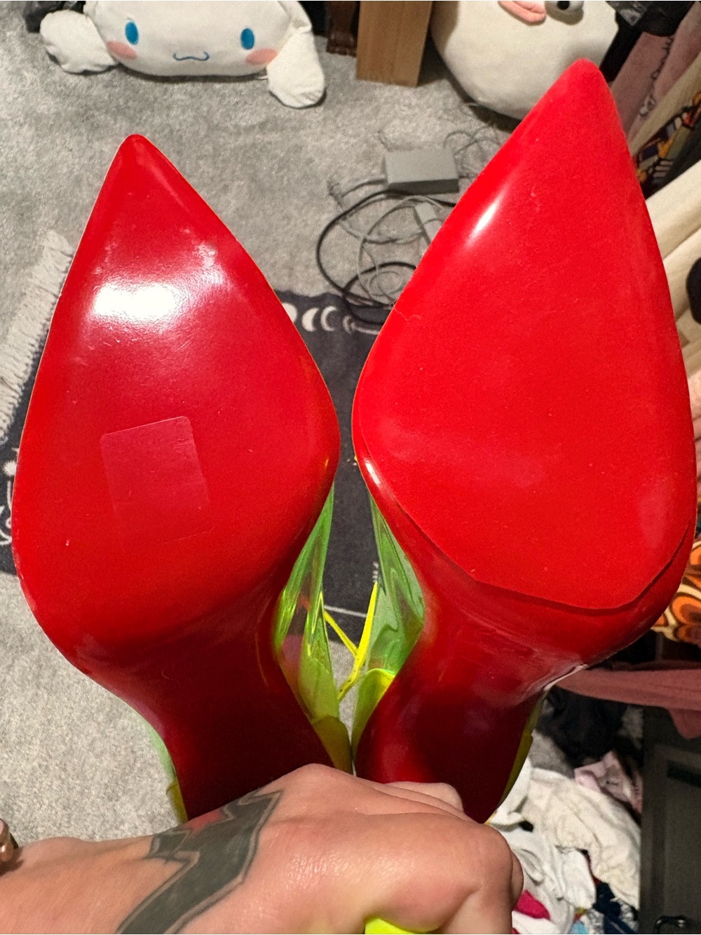 Christian Louboutin Neon Yellow Iridescent Pointed-Toe Ankle-Strap Heels - Picture 6 of 14